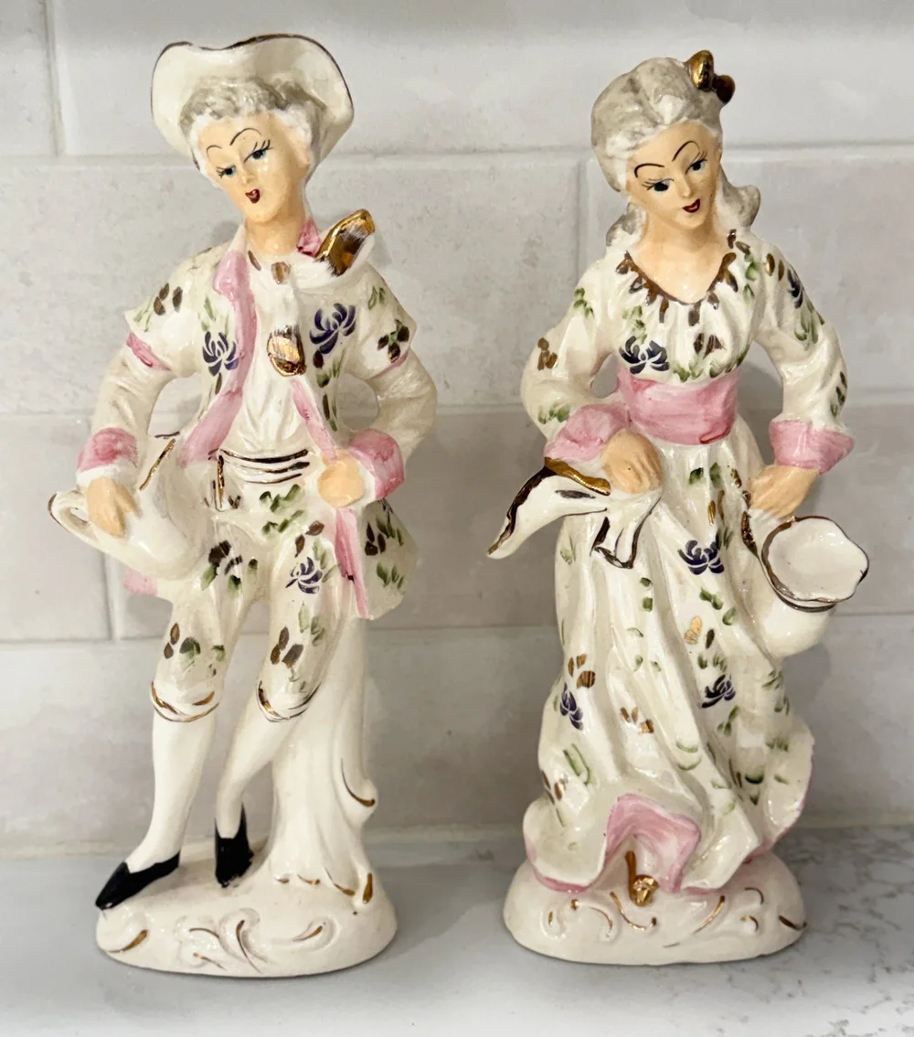 Vintage Porcelain Rococo Courting Couple Figurines Japan Gold Floral Set Regency